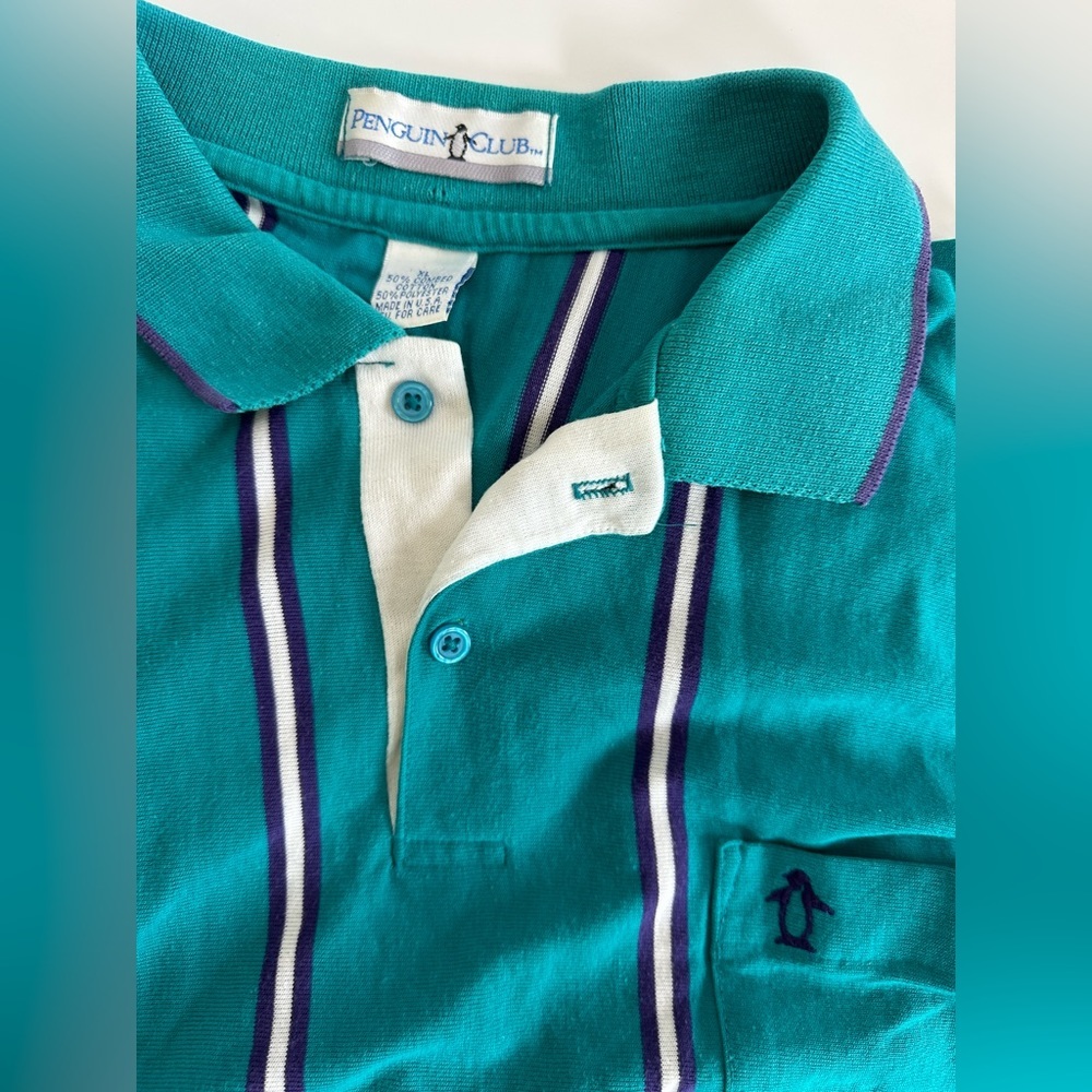 Vintage Penguin Club Vertical Stripe Polo Mens XL Teal Made in USA - Picture 3 of 8